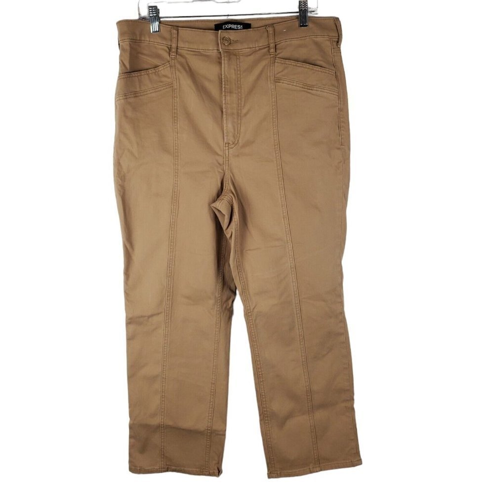 Express Pants High Rise Straight Medium Chino Camel Tan Front Seam Crop Neutral